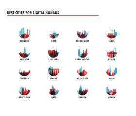 Best cities for digital nomads - logos, icons for infographics, index, presentation, ranking - Bangkok, Tokyo, Buenos Aires, Seoul, Valencia, Porto, Lisbon, Mexico, Barcelona