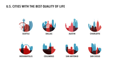 Americam best quality of life cities logos, icons for infographics, index, presentation, ranking - Seattle, Dallas, Austin, Charlotte, Indianapolis, Columbus, San Antonio, San Diego