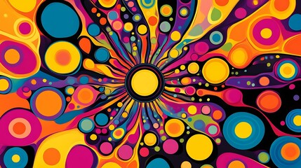 Vibrant bubble pattern with bold circular shapes moving towards a central point in a pop art style