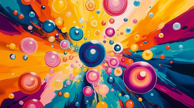 Playful pop art design with bubbles radiating from the center, creating a sense of depth and movement