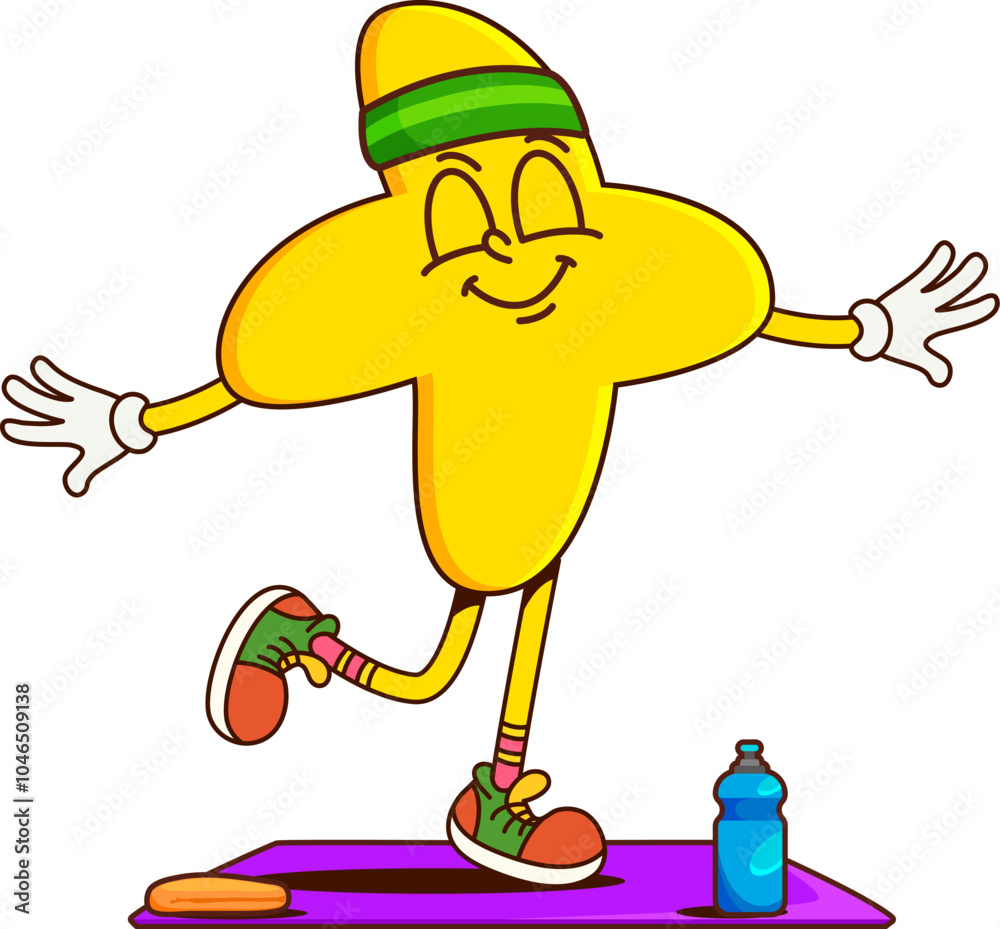 Poster math plus symbol groovy character on fitness. doing sport training mathematics digit cheerful vector
