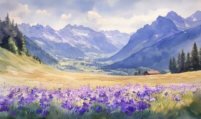 Watercolor Purple flowers on a mountain meadow, view over Saentis mountains into the valley of Meglisalp at sunrise, Saentis, Appenzell Ausserrhoden, Appenzell Alps, Switzerland, Europe