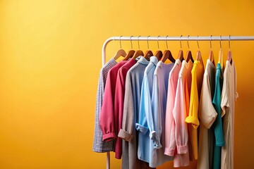 Obraz premium Rack with hanging clothes on colorful background, tilted angle