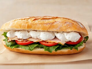 Delicious wholesome sandwich with drizzled sauce over fresh, vibrant ingredients layered to perfection.