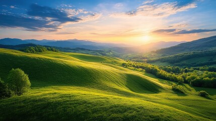 Obraz premium Sunset over green hills