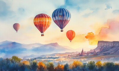 Obraz premium Watercolor Hot air balloons hovering in the sky on sunrise in Cappadocia, Turkey
