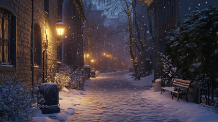 serene cobblestone street covered in fresh snow, illuminated by warm street lamps, creates magical