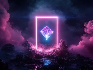 Dimensional tear floating in mid-air, radiating vibrant neon colors in a surreal cosmic landscape.
