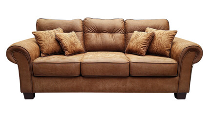 Fototapeta premium Cozy brown sofa with decorative cushions ideal for a stylish living room setting in a contemporary home.