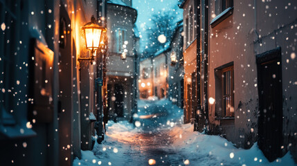 serene narrow street in old town, blanketed in snow, creates magical winter scene