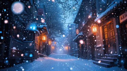 serene narrow street in old town, beautifully illuminated by lanterns, covered in snow