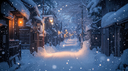 serene narrow street in old town blanketed in snow, illuminated by warm lights