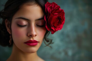 Passionate portrait of a Latin American girl with a red rose in her hair