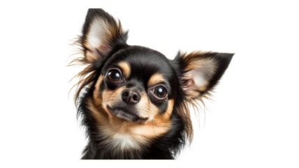 A close-up portrait of a curious Chihuahua with expressive eyes against a transparent background.