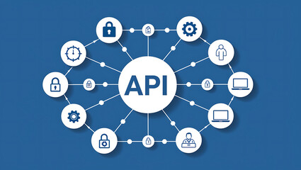 network diagram of  'API', API icons, Digital network, Blue background