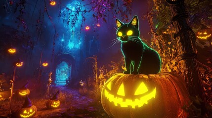 A neon black cat glowing in yellow, sitting on a pumpkin, surrounded by glowing neon witch hats and broomsticks
