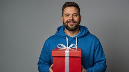 Smiling man in a blue hoodie holding a red gift box with a white ribbon

