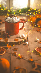 Cute cozy winter composition. red mug, marshmallows, oranges and Christmas lights.