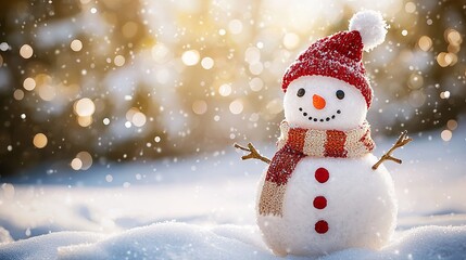 Obraz premium Little Snowman in a Cap and Scarf on Snow in the Winter