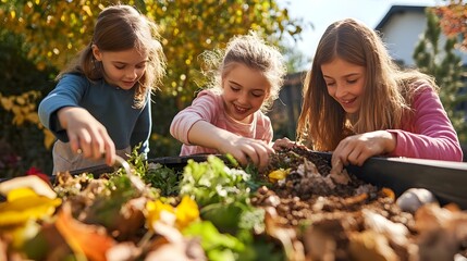 Family Tending Organic Compost Bin in Backyard Garden for Sustainable Waste Recycling