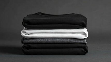 Neatly stacked folded square t-shirts in black and white, shown in a mockup for clothing design purposes