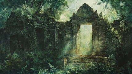 An ancient temple hidden in a misty jungle