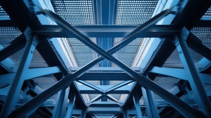 Intricate metal bridge structure showcasing sleek beams and modern architectural design against a clear blue sky.
