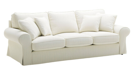 Fototapeta premium Elegant white sofa with plush cushions perfect for modern living room aesthetics and comfortable lounging.