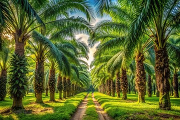Obraz premium Sunny Asian garden with palm trees and plantations