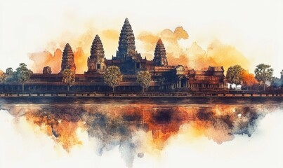 Watercolor Angkor Wat, an ancient temple ruins in Cambodia