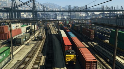 Fototapeta premium Freight Train Approaching a Busy Cargo Terminal