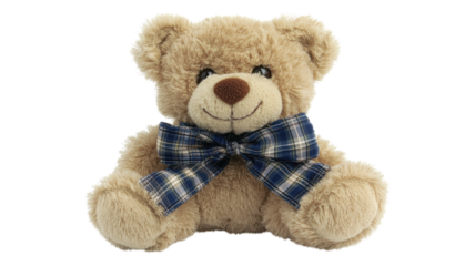 Cute teddy bear with a plaid bow sitting against a transparent background ready to bring joy to children of all ages.