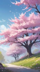 fresh spring scene of cherry blossom trees in full bloom, with petals softly falling, against a bright blue sky