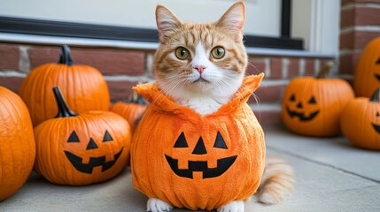 Cute Cat in Pumpkin Costume for Halloween
