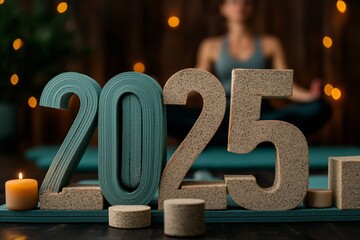 2025 made from yoga mats and cork blocks with a meditating person in the background, surrounded by soft candlelight, creating a serene and focused atmosphere of mindfulness and wellness