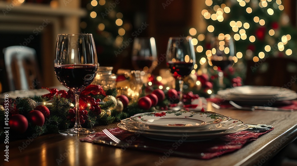 Poster a table with a christmas tree and a red tablecloth