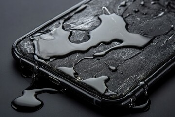 Obraz premium A cracked phone screen with liquid leaking from the cracks, indicating severe damage. The image conveys the fragility of electronic devices and the need for protective measures.