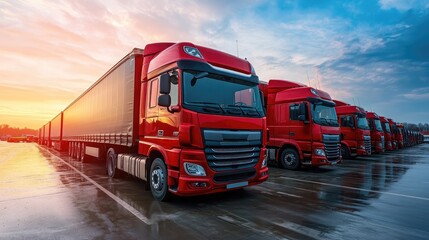 Red Trucks Parked at Sunset on a Highway