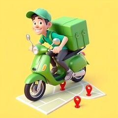 Create a vibrant 3D cartoon-style delivery man riding a bright green scooter