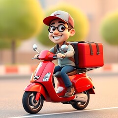 Create a vibrant 3D cartoon-style delivery man riding a bright green scooter