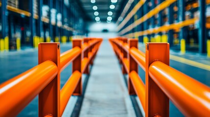 A brightly colored orange safety railing leads through an industrial space, showcasing a spacious warehouse environment with organized shelves.