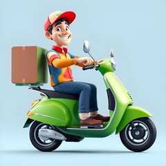 Create a vibrant 3D cartoon-style delivery man riding a bright green scooter