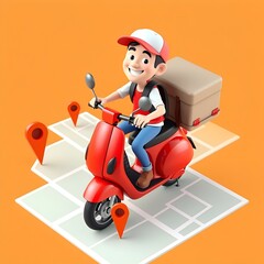 Create a vibrant 3D cartoon-style delivery man riding a bright green scooter