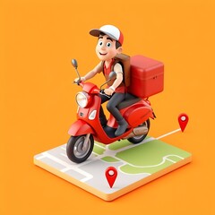 Create a vibrant 3D cartoon-style delivery man riding a bright green scooter