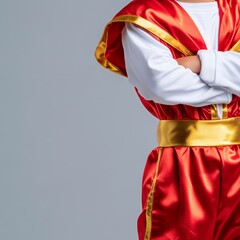 A child poses confidently in a vibrant red and gold costume, resembling a superhero, with arms crossed against a neutral background.