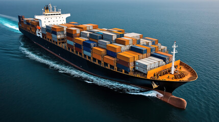 Fototapeta premium Large cargo container ship sailing in open sea carrying multiple shipping containers. Aerial view of commercial vessel navigating ocean, reflecting international maritime freight transport.
