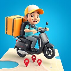 Create a vibrant 3D cartoon-style delivery man riding a bright green scooter