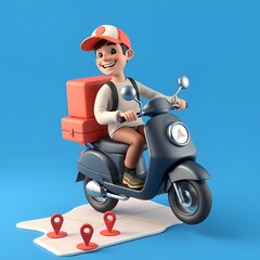 Create a vibrant 3D cartoon-style delivery man riding a bright green scooter