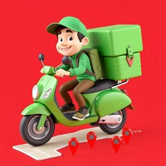 Create a vibrant 3D cartoon-style delivery man riding a bright green scooter