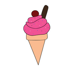 Strawberry ice cream illustration with black outline. Baby shower design isolated on white background. Suitable for kids